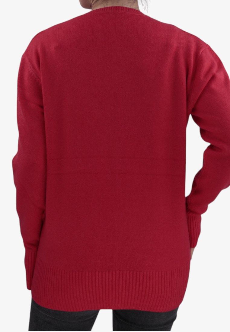 Back view of a Falio red wool and cashmere blend sweater with long sleeves and ribbed hem on a model