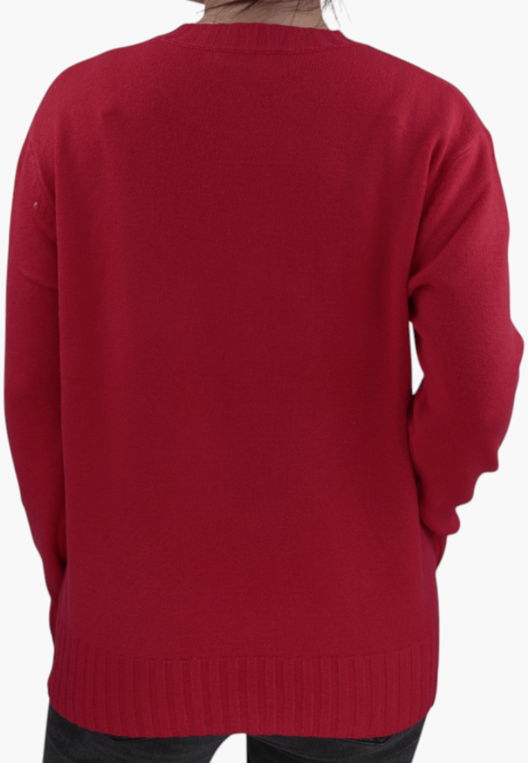 Falio red women's sweater in a wool and cashmere blend with a classic crew neck and long sleeves, back view