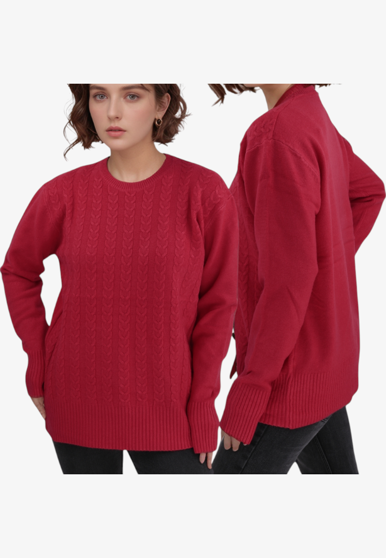 Falio women's red wool and cashmere blend sweater with cable knit texture, round neckline, and long sleeves.