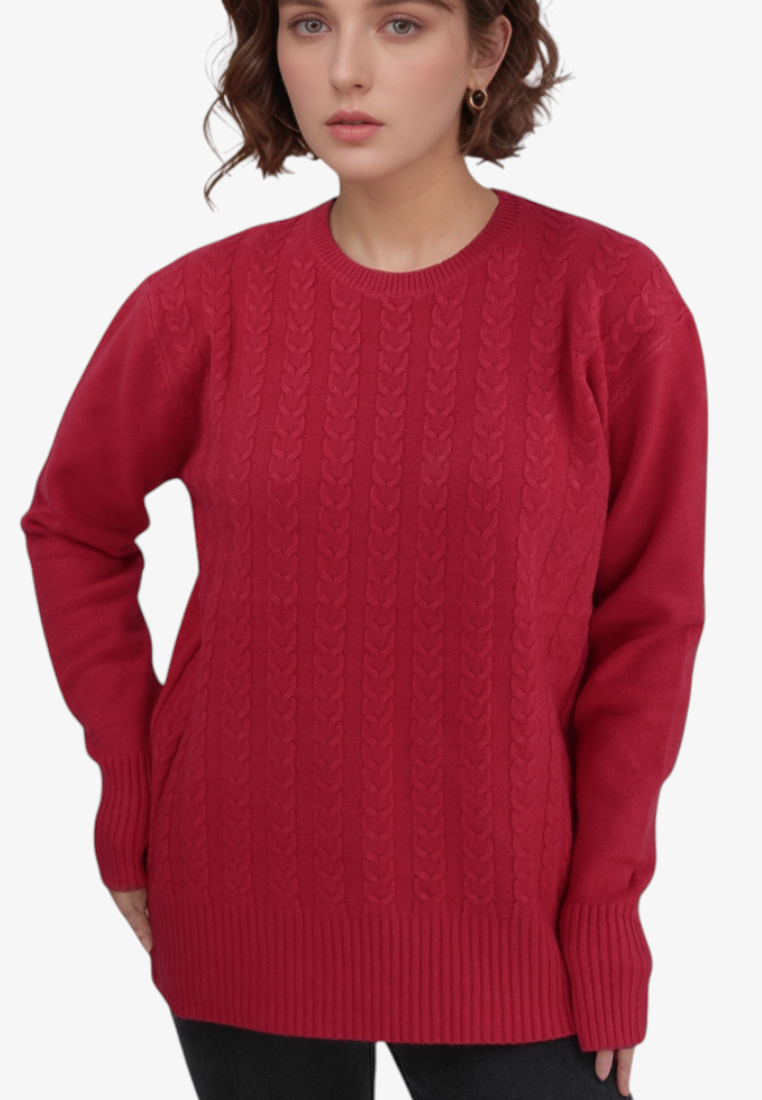 Falio red wool and cashmere blend sweater with cable knit texture, round neckline, and long sleeves on a model
