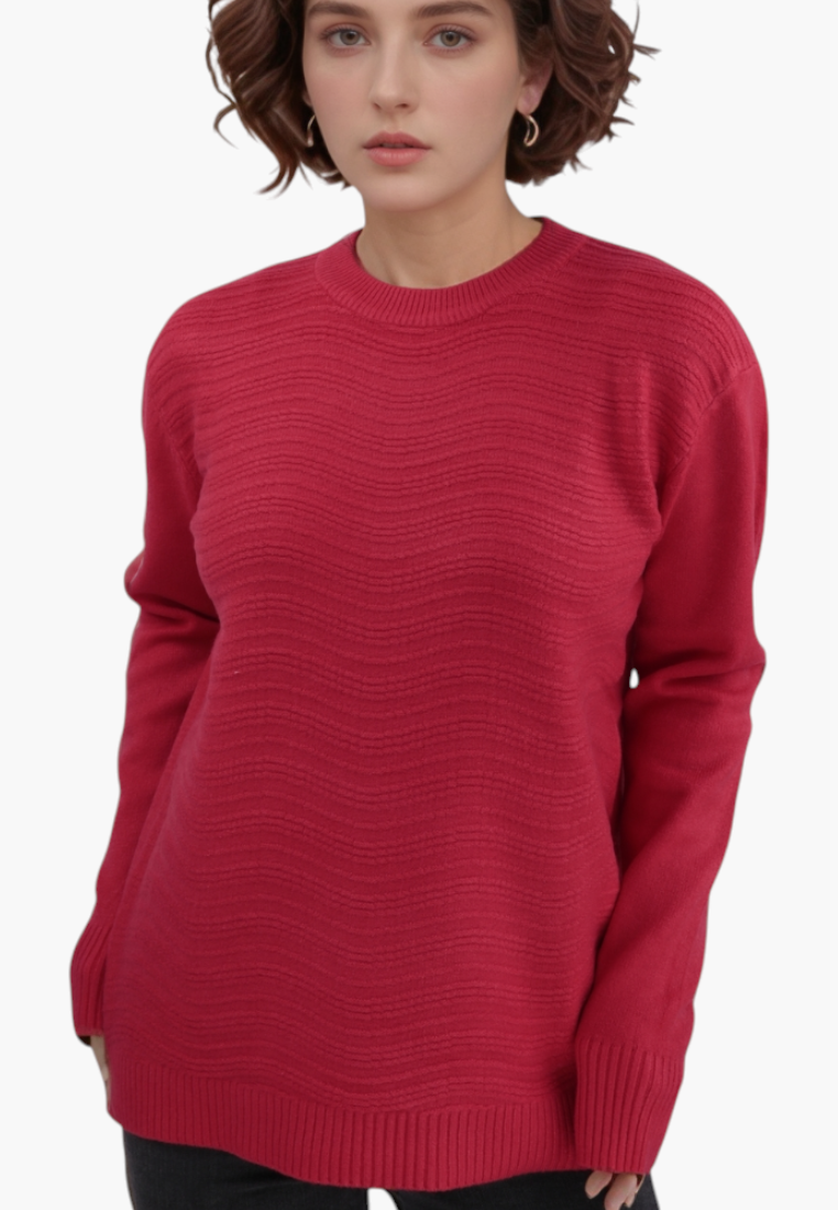 Falio red wool and cashmere blend sweater with a round neckline and textured wavy knit pattern on a model