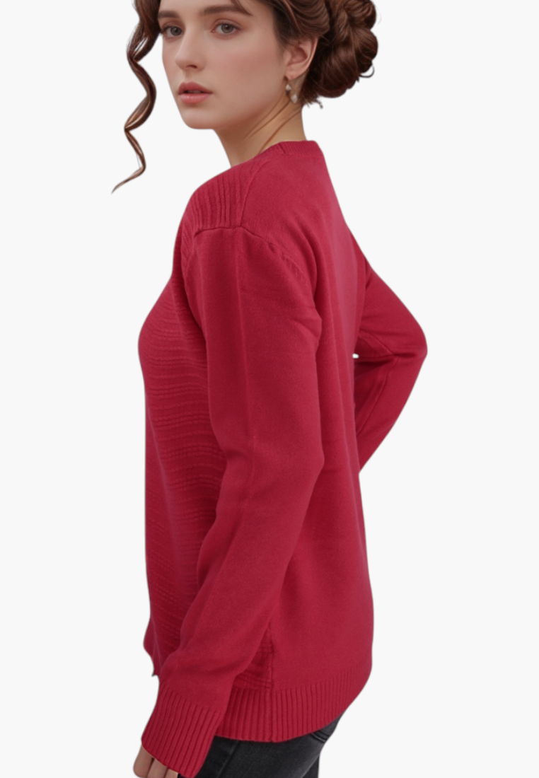 Model wearing a red Falio wool and cashmere blend sweater with a round neckline and long sleeves, side view.