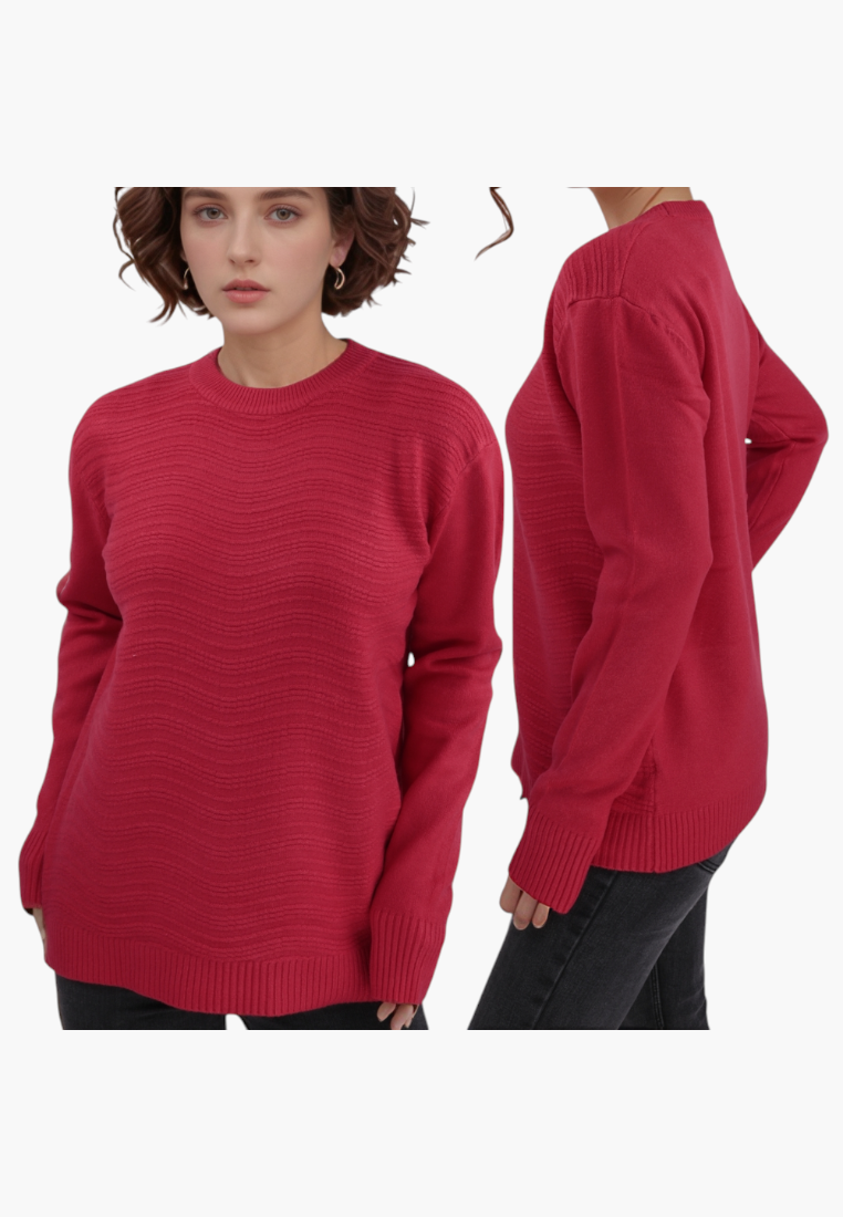 Falio women's red wool and cashmere blend sweater with a round neckline and textured wavy knit pattern