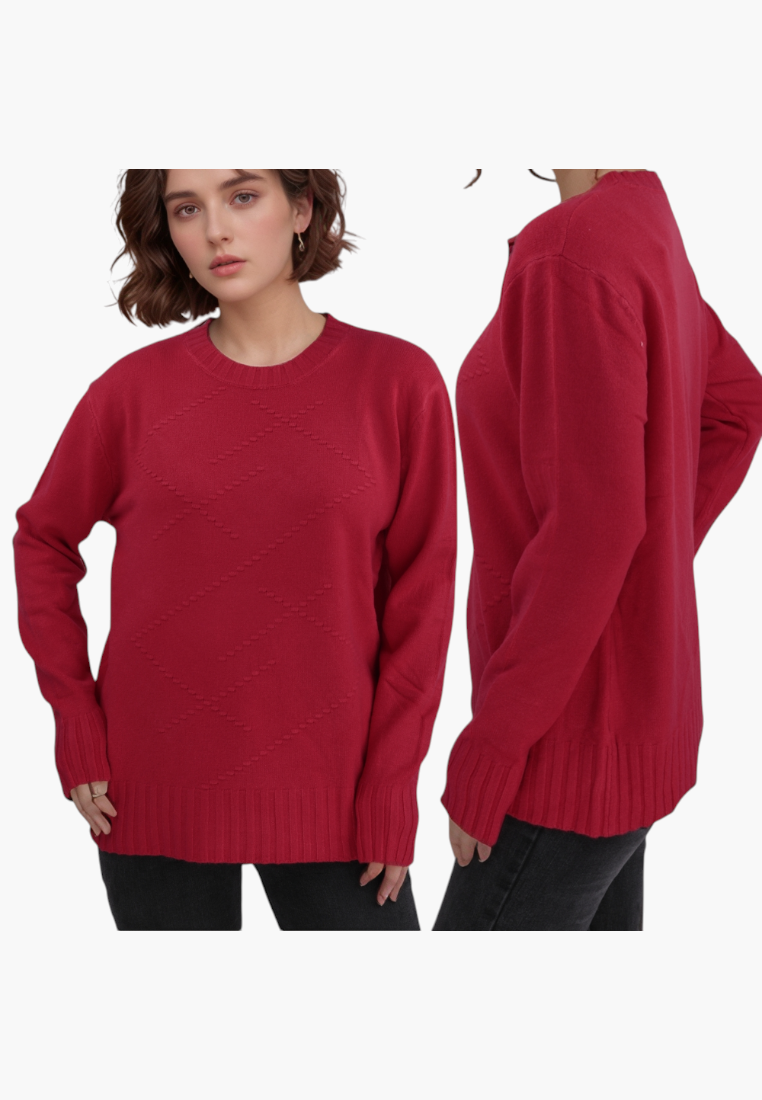 Falio red wool and cashmere blend sweater with a crew neck and diamond knit pattern worn by a woman