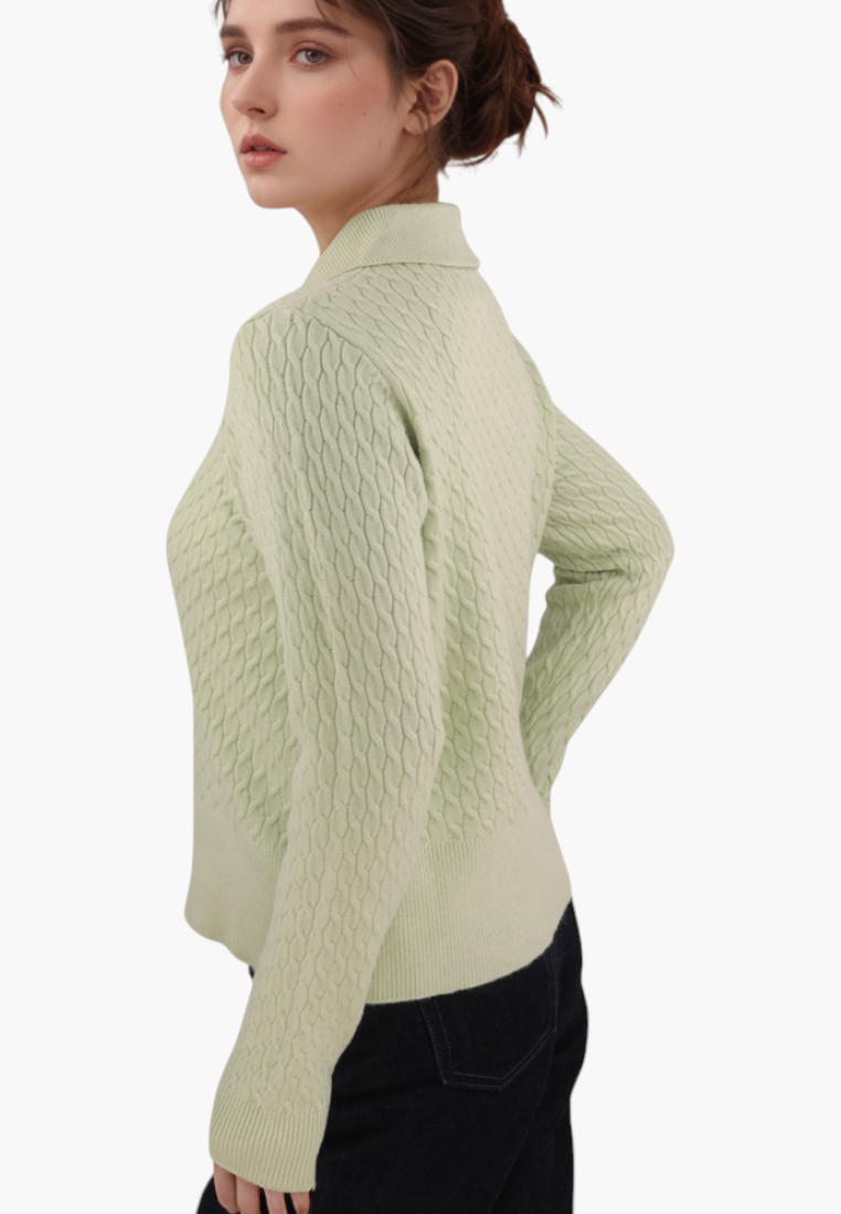Falio women's sage green cable knit sweater with a collar and button-up front, worn by a model in a side profile view.