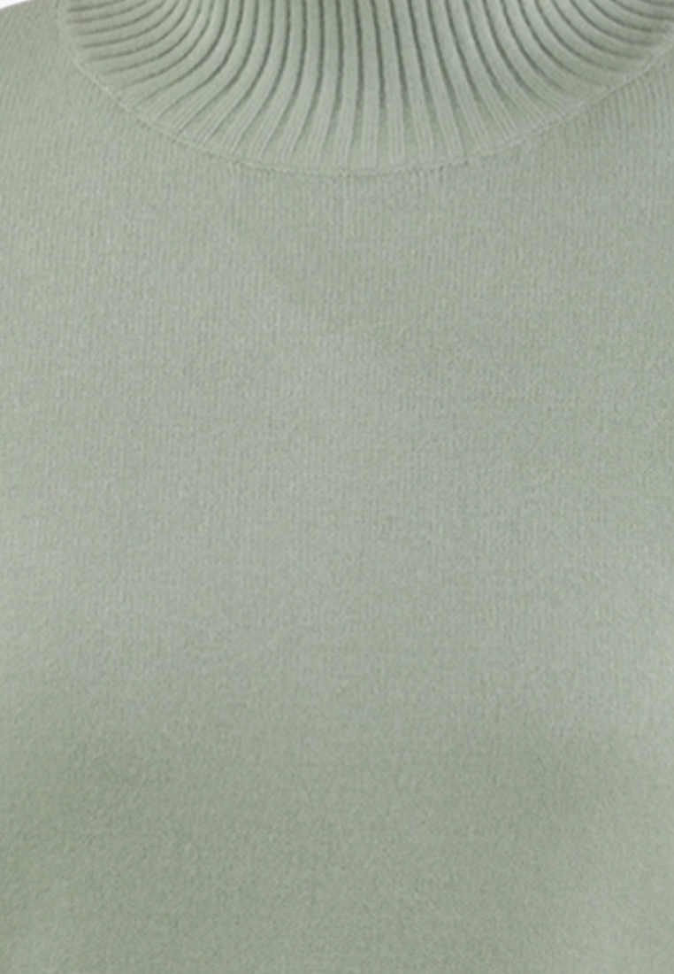 Falio sage green women's sweater featuring a ribbed mock neck collar in a soft viscose blend knit fabric