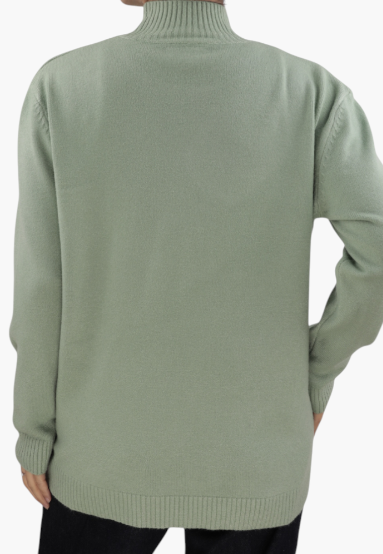 Falio sage green plus size women's sweater with a mock neck and long sleeves, worn by a model from the back.