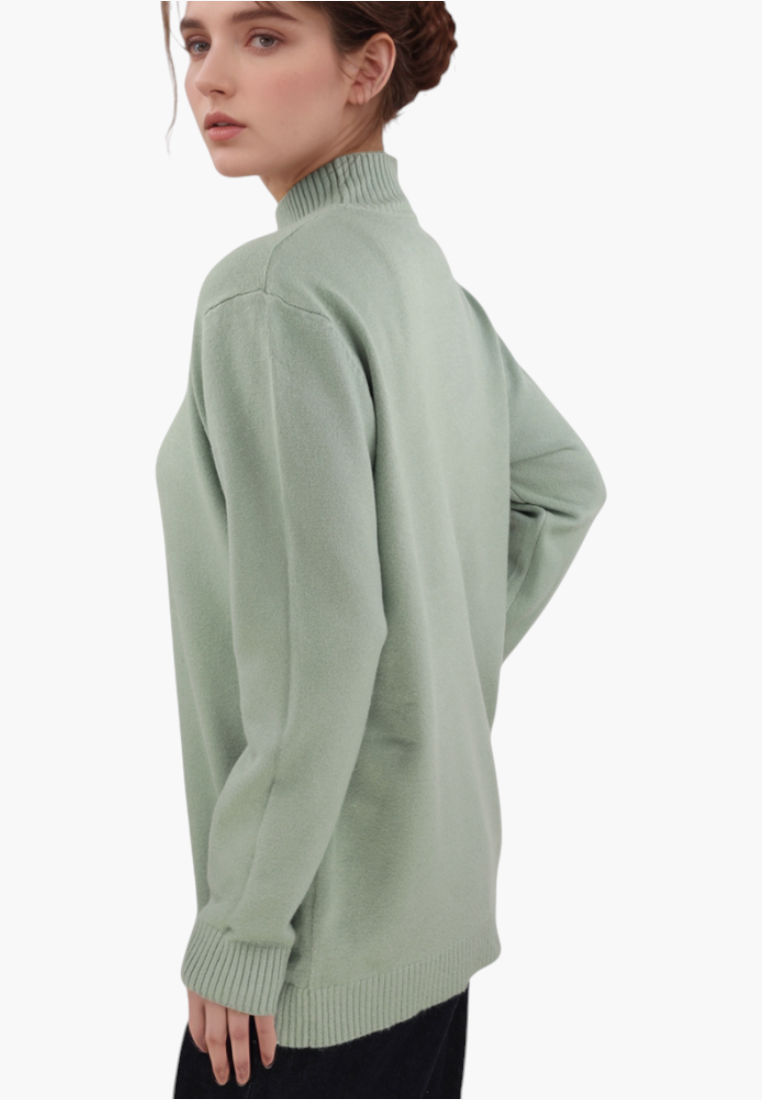 Falio women's long-sleeve sage green viscose blend sweater with a mock neck, worn by a model against a white background