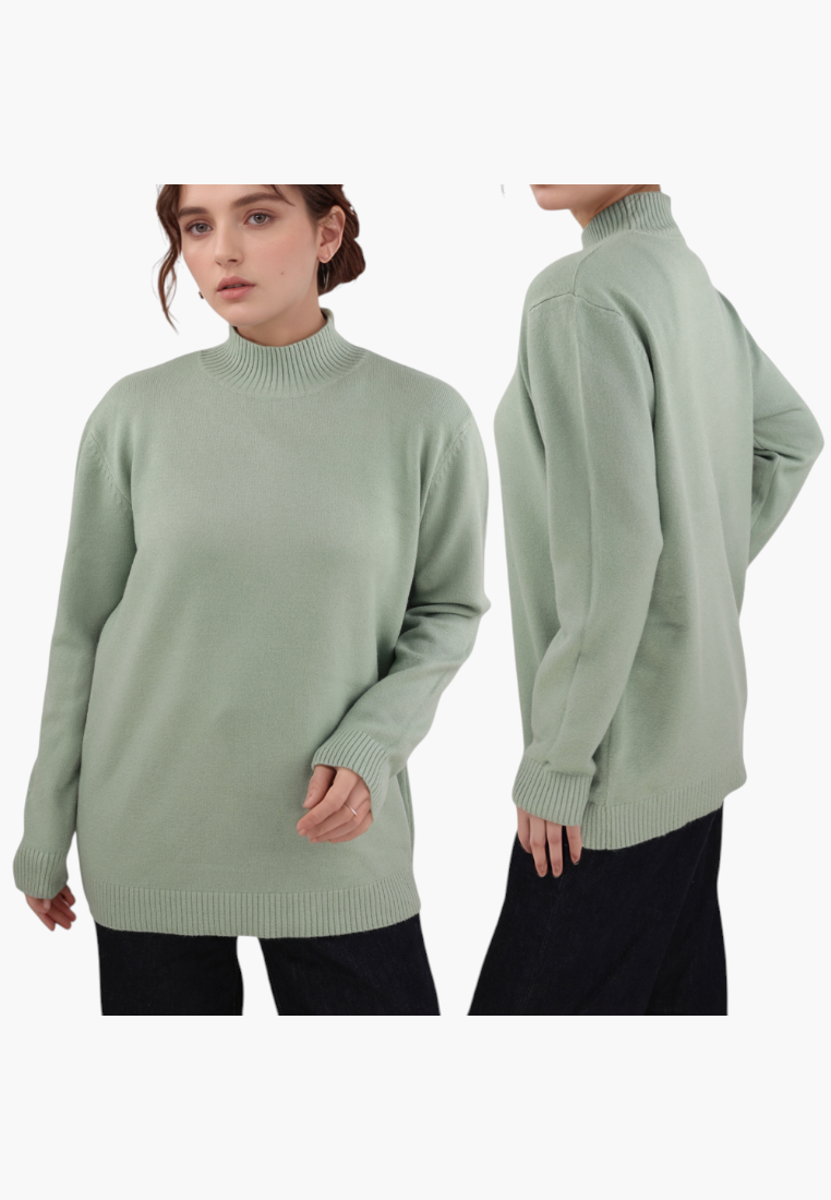 Falio sage green viscose blend sweater with a mock neck and long sleeves worn by a model in front and side views
