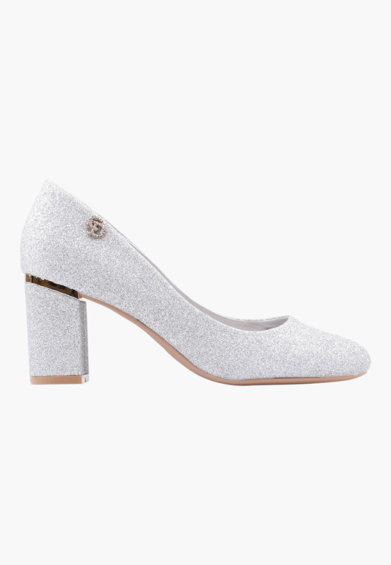 Falio silver glitter slip-on pumps with almond toe and block heel featuring a metallic detail