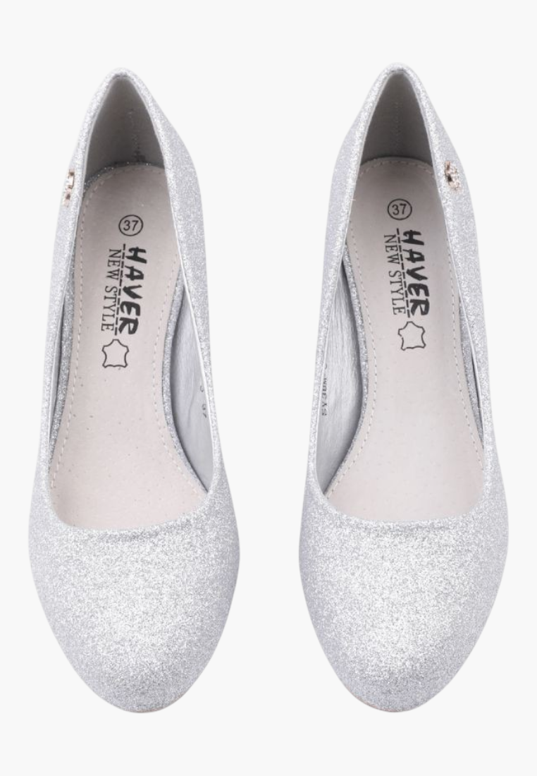 Falio silver glitter slip-on pumps with almond toe and block heel, featuring a minimalist design and leather insole.