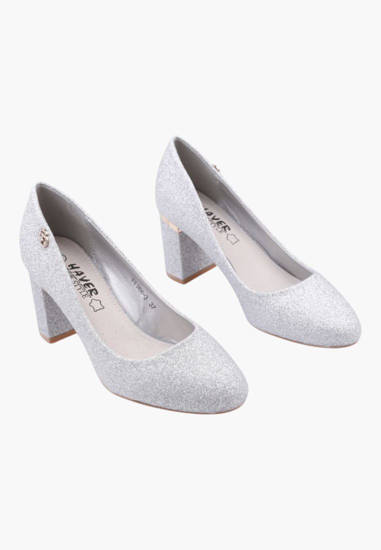 Falio silver glitter block heel pumps with almond toe and metallic heel detail