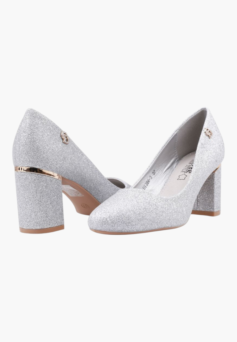Falio silver glitter pumps with almond toe and block heel featuring a metallic accent and leather insole