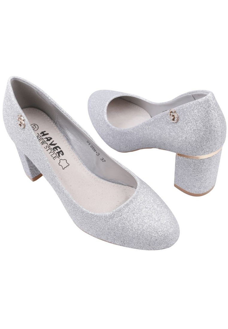 Falio silver glitter slip-on pumps with almond toe and block heel featuring a metallic accent and leather insole.