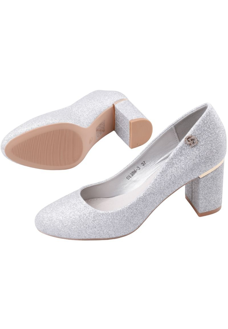 Falio silver glitter block heel pumps with almond toe and metallic heel detail, featuring a comfortable leather insole.