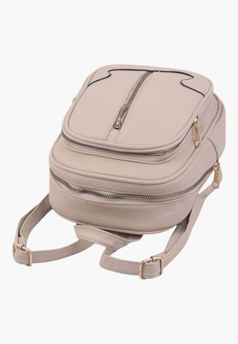 Falio small beige faux leather backpack with multiple zippered compartments and adjustable straps for daily use