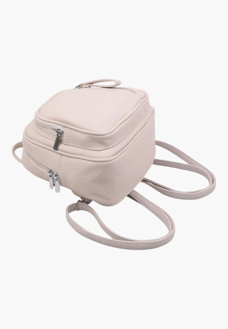 Falio small beige faux leather city backpack with multiple zippered compartments and adjustable straps