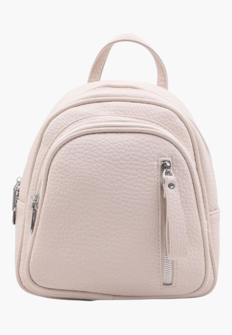 Falio small beige faux leather city backpack with a zippered front pocket and main compartment