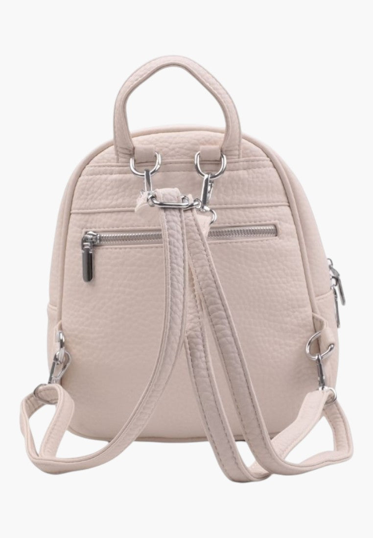 Falio small beige faux leather urban backpack with adjustable straps and back zipper pocket
