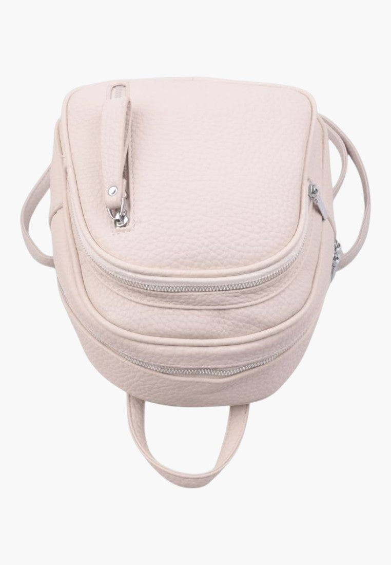 Falio small beige faux leather urban backpack with multiple zippered pockets and a main compartment