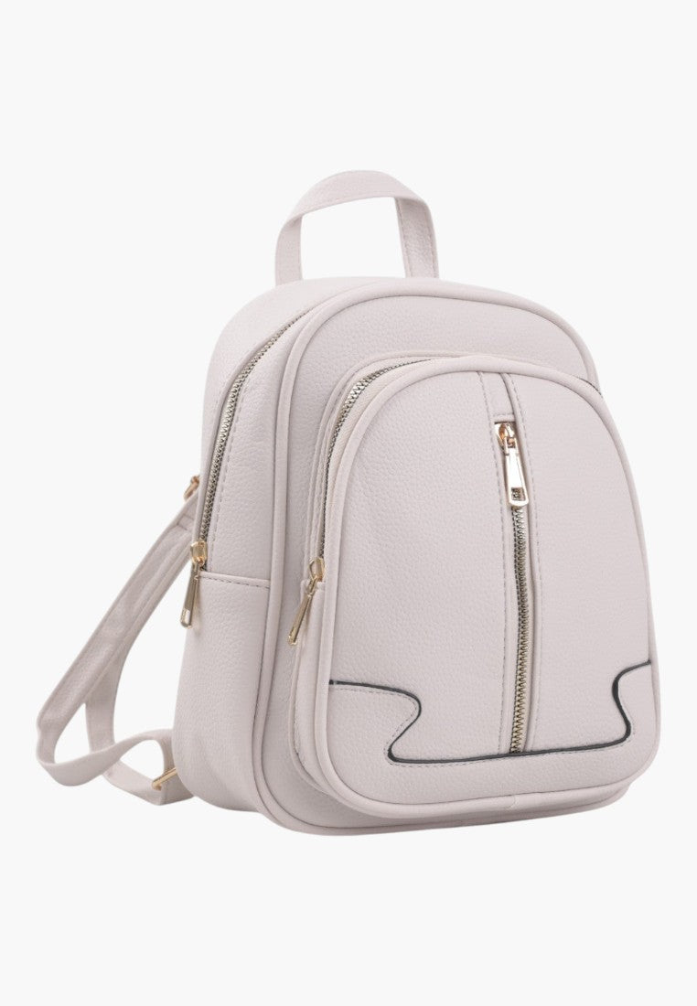 Falio small beige faux leather backpack with gold zippers and multiple compartments for daily urban use