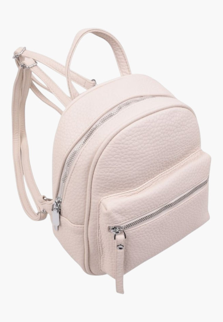 Falio small beige faux leather city backpack with zippered compartments and textured finish