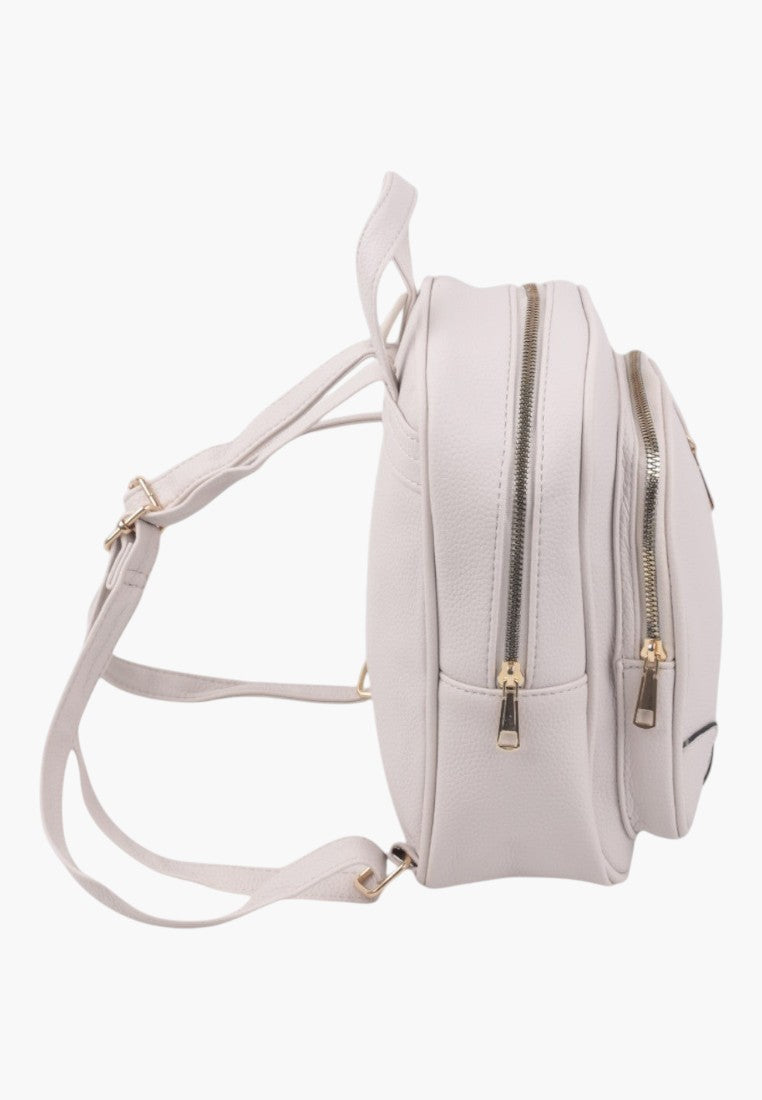 Falio small beige faux leather backpack with side view showing zippered compartments and adjustable straps