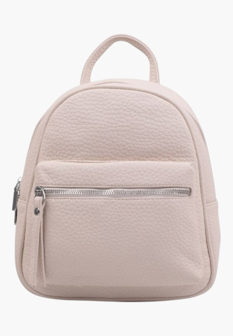 Falio small beige faux leather city backpack with a front zippered pocket and textured finish