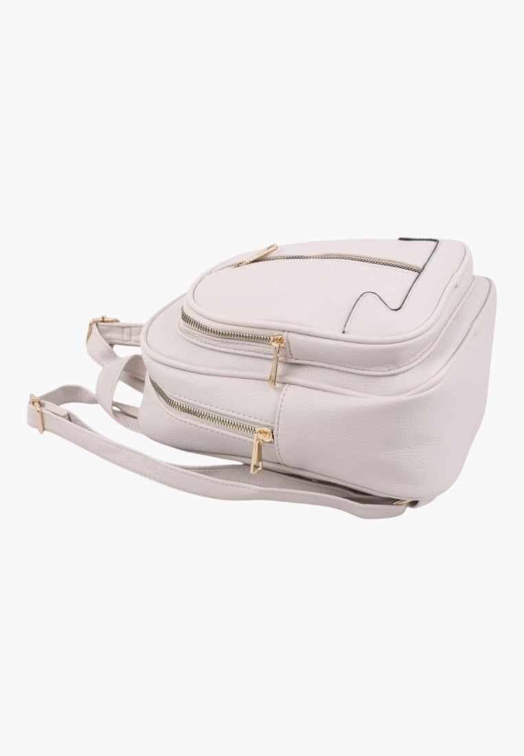 Falio small beige faux leather backpack with gold zippers and multiple compartments for daily use