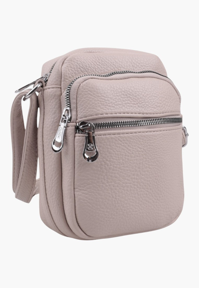 Falio small beige faux leather crossbody bag with zipper pockets and adjustable shoulder strap