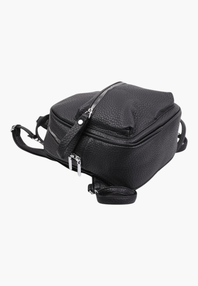 Falio small black urban backpack made of textured eco-leather with silver zippers and multiple compartments