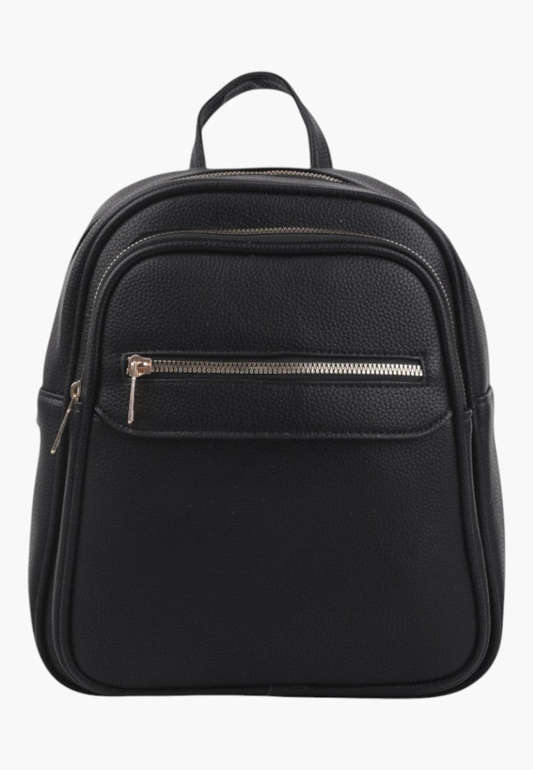 Falio small black faux leather city backpack with a front zippered pocket and top handle for women
