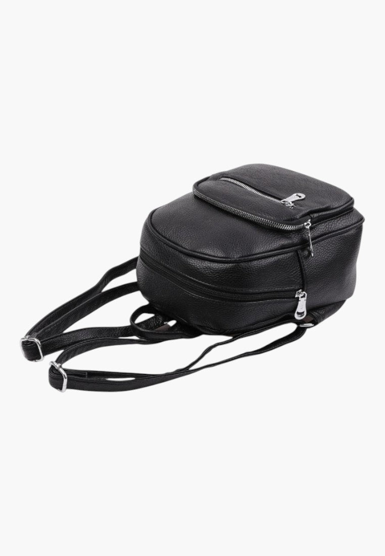 Falio small black urban backpack made of faux leather with multiple zippered pockets and adjustable straps