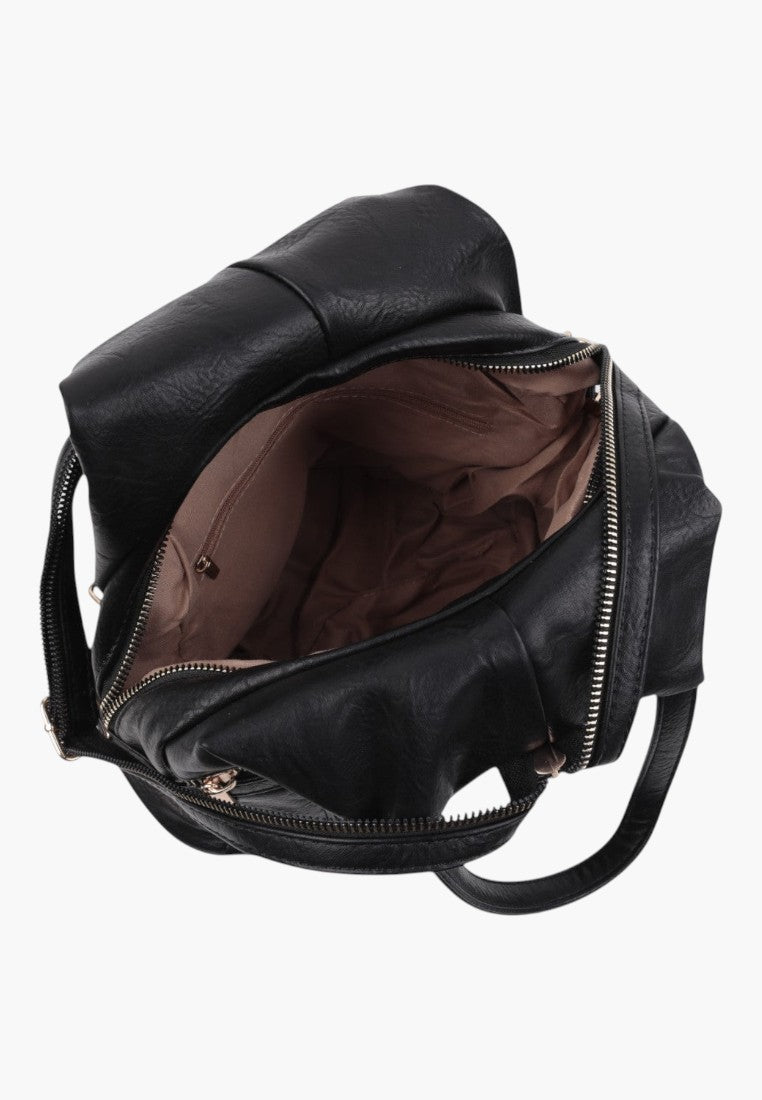 Falio small black faux leather city backpack with open zippered main compartment and interior lining