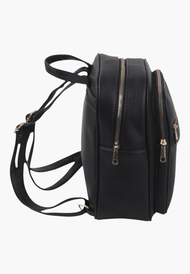 Falio small black faux leather city backpack with side view showing multiple zippered compartments and straps