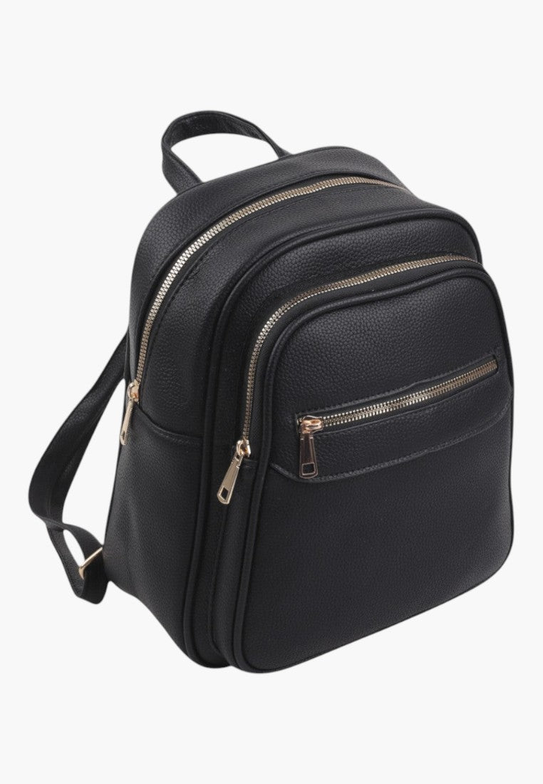 Falio small black faux leather city backpack for women with multiple zippered compartments and gold hardware