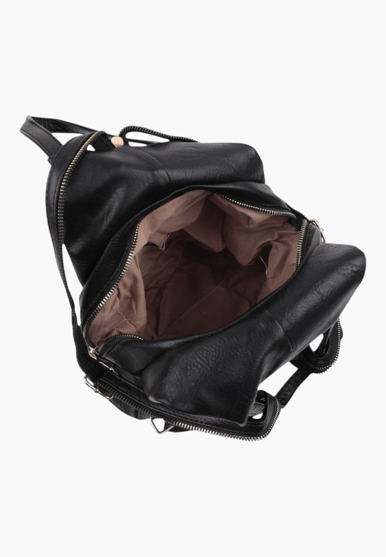 Falio small black faux leather urban backpack with an open main compartment and zippered pockets