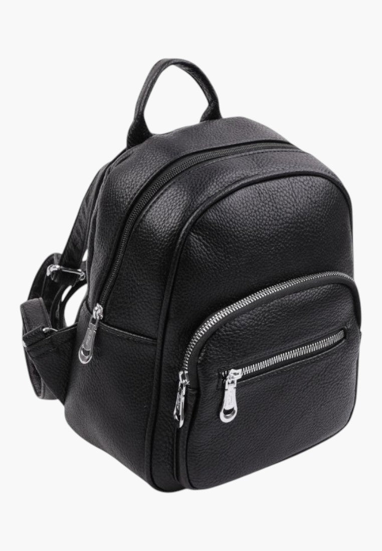 Falio small black urban backpack made of textured faux leather with silver zippers and multiple compartments.