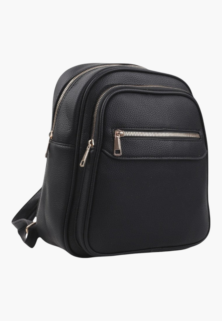 Falio small black faux leather city backpack with zippered compartments and gold-tone hardware