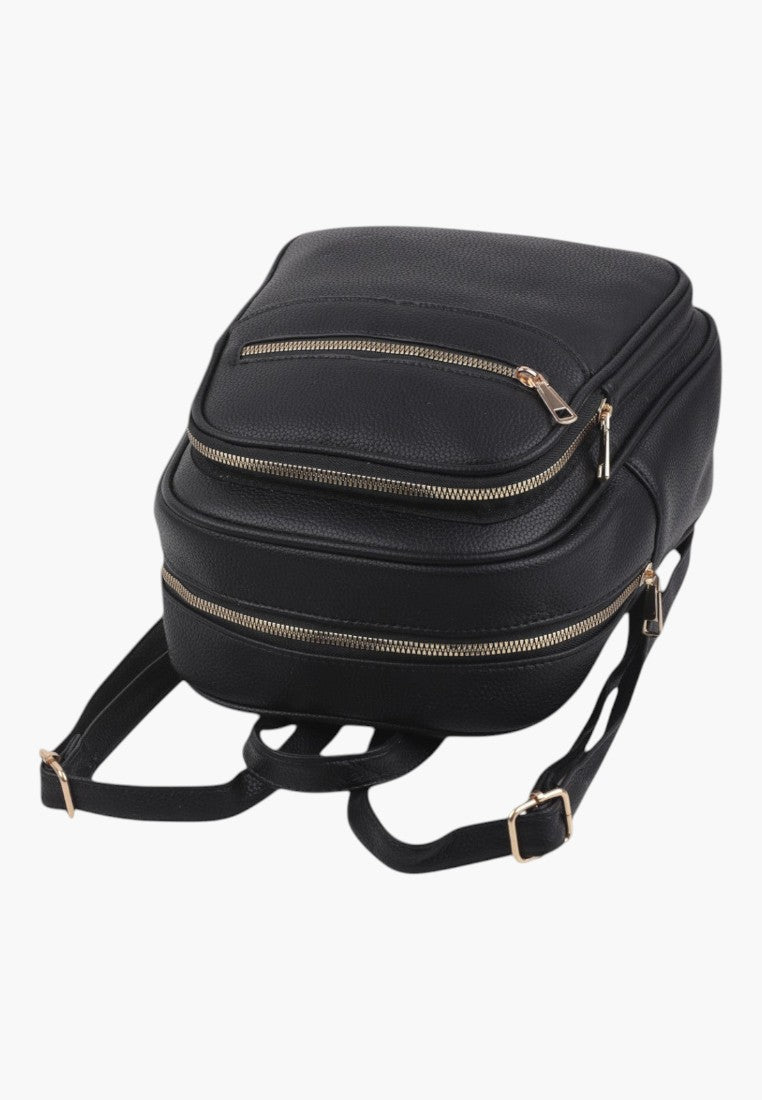 Falio small black faux leather city backpack with multiple zippered compartments and adjustable straps