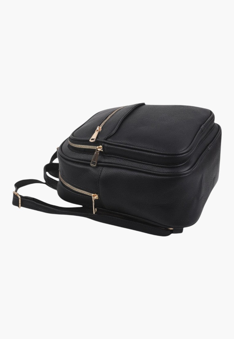 Falio small black faux leather city backpack with gold zippers and multiple compartments for daily use