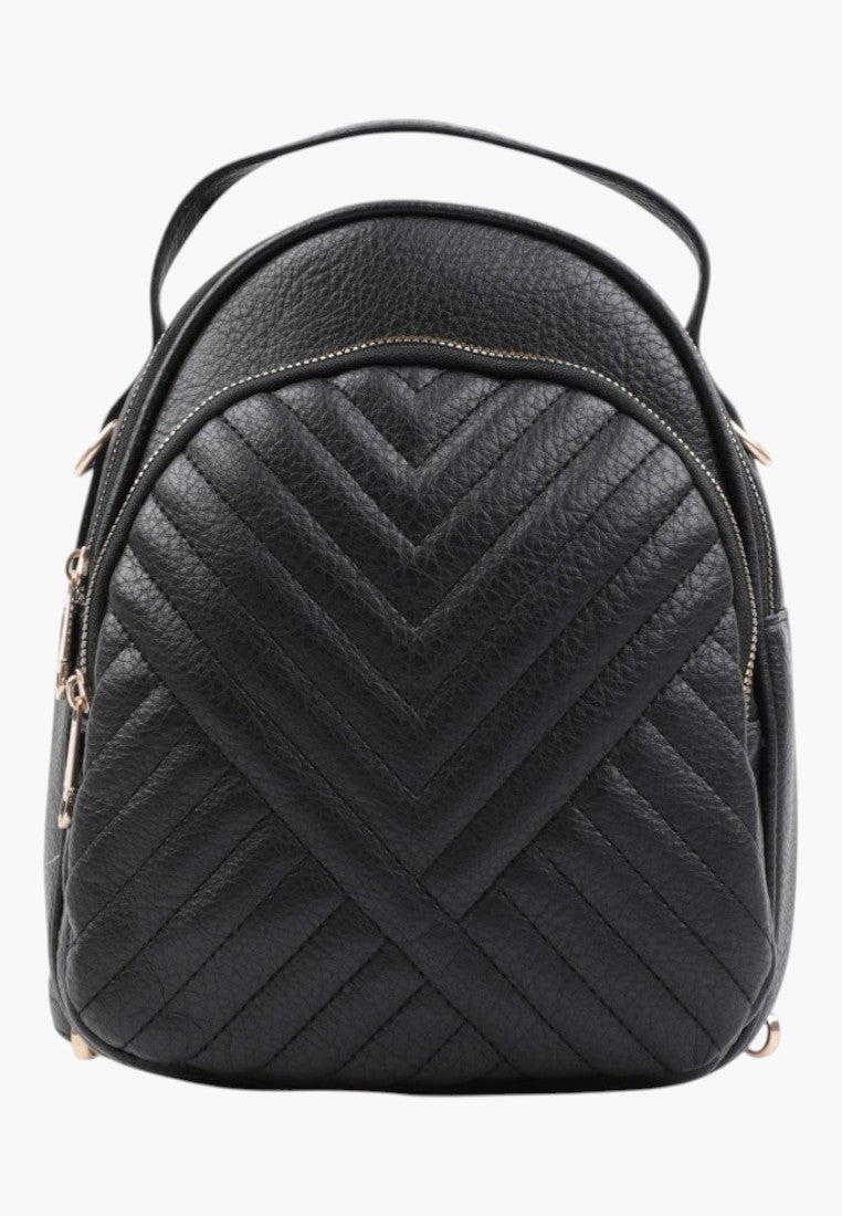 Falio small black urban backpack made of eco-leather with a quilted chevron pattern and zipper closure