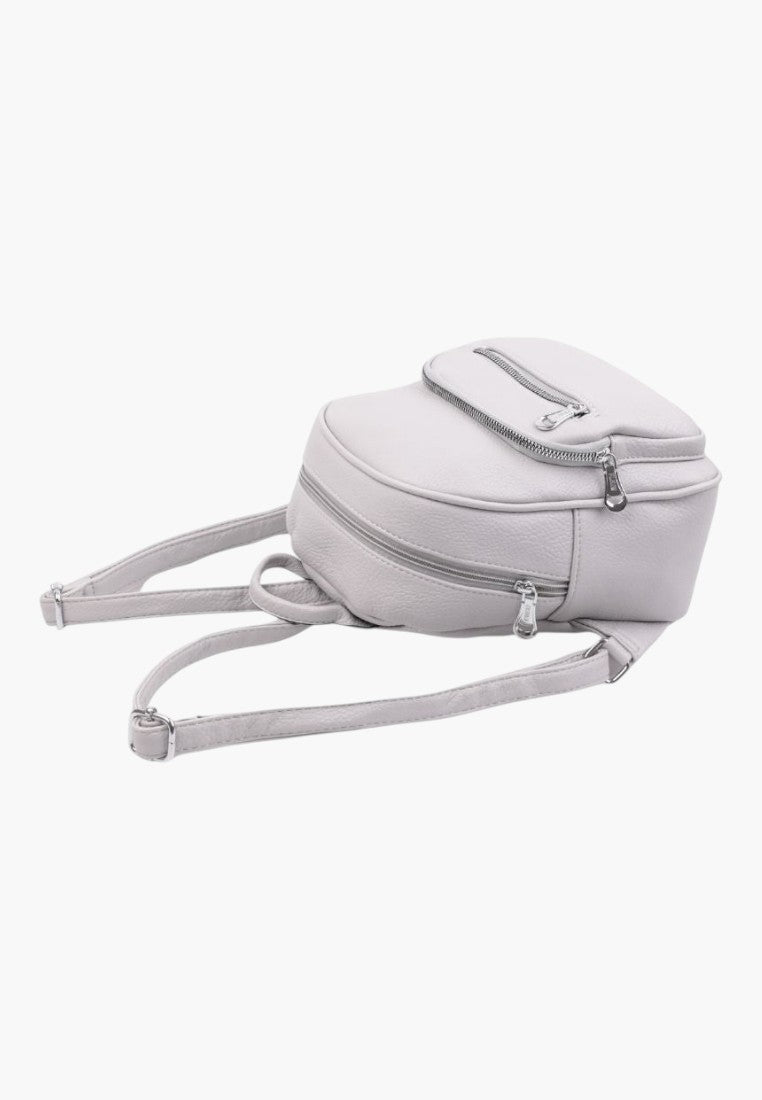 Falio small grey faux leather urban backpack with multiple zippered pockets and adjustable straps