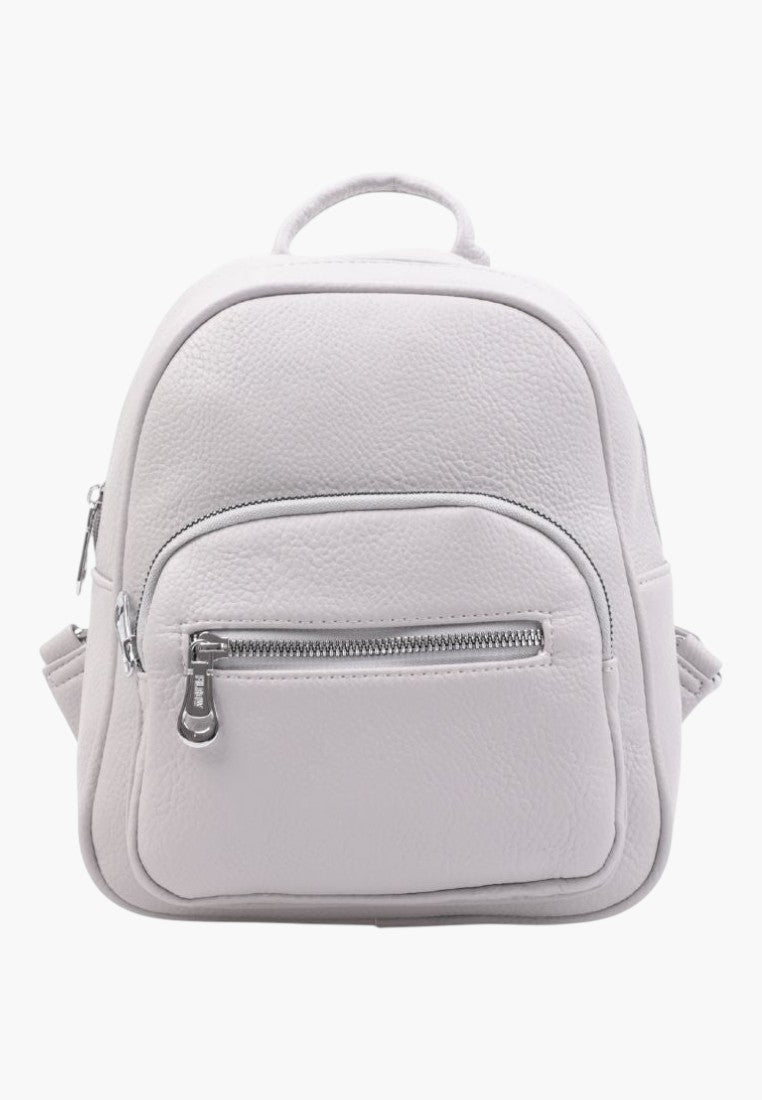 Falio small grey faux leather urban backpack with a front zippered pocket and silver hardware