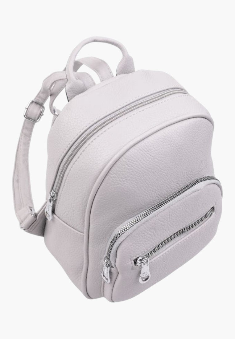 Falio small grey faux leather urban backpack with multiple zippered compartments and adjustable straps