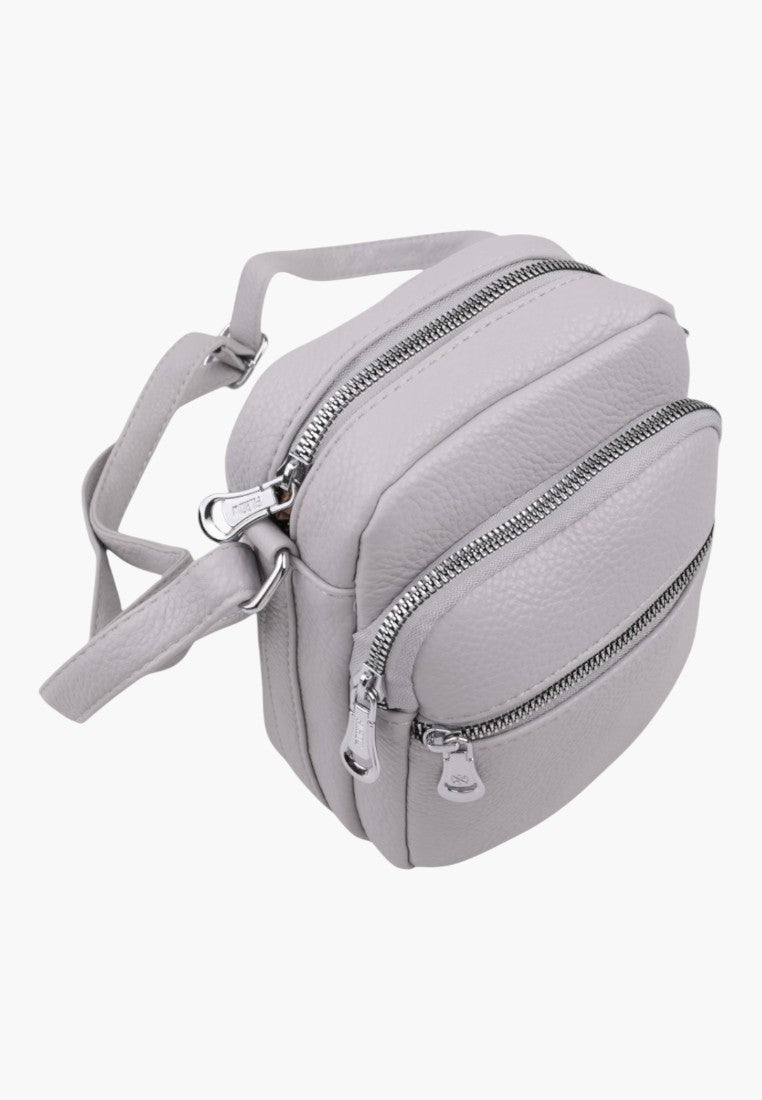 Falio small light grey faux leather crossbody bag with two zippered compartments and adjustable shoulder strap