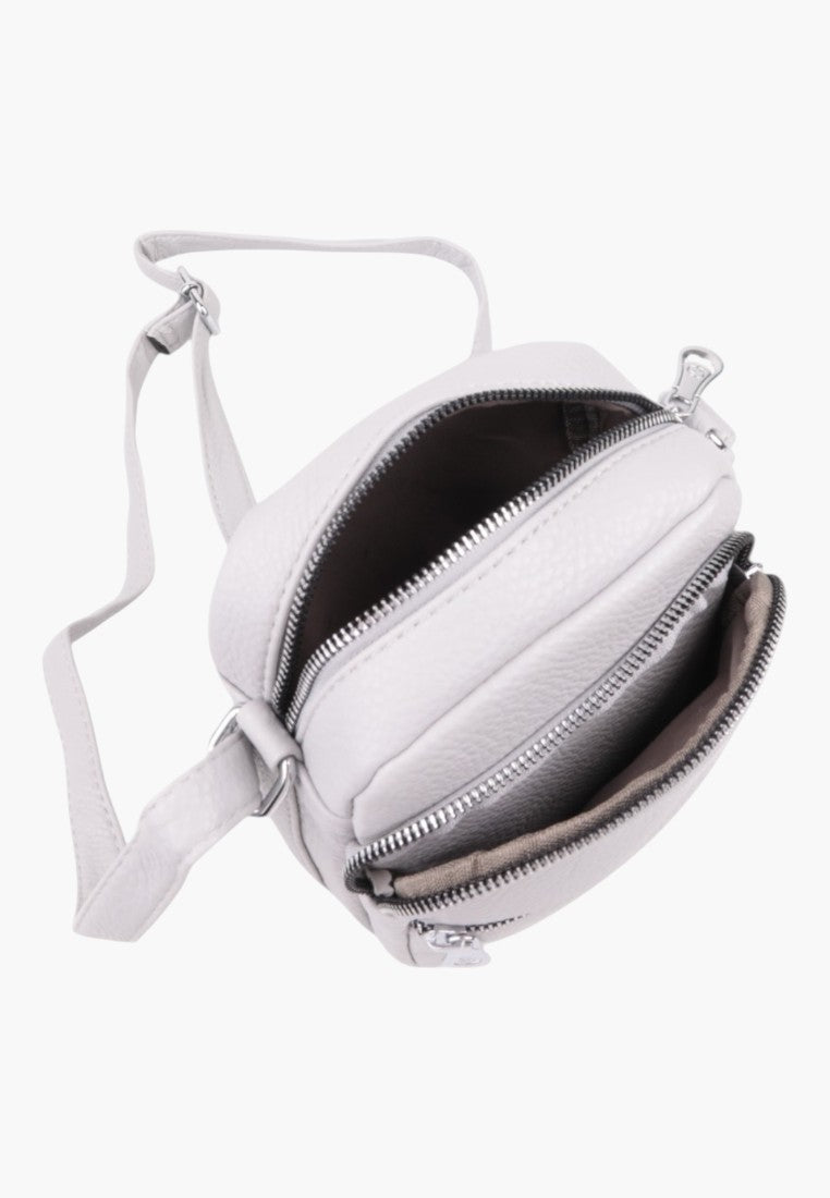 Falio small light grey faux leather crossbody bag with dual zippered compartments and adjustable shoulder strap