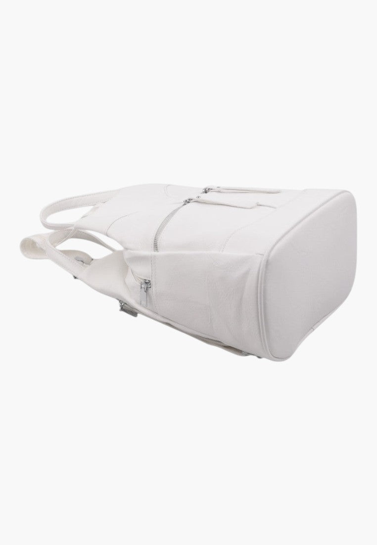 Falio small white urban backpack made of eco-leather with multiple zippered compartments, side view