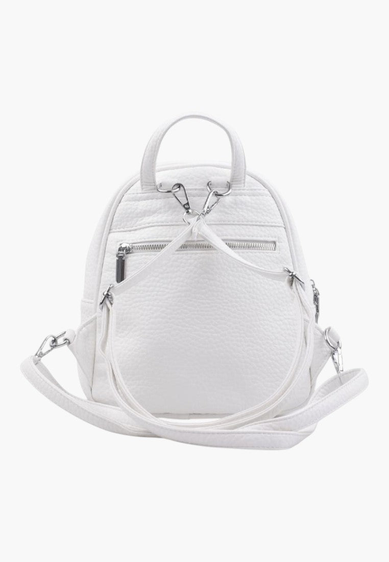Falio small white faux leather urban backpack with multiple zippered pockets and adjustable straps