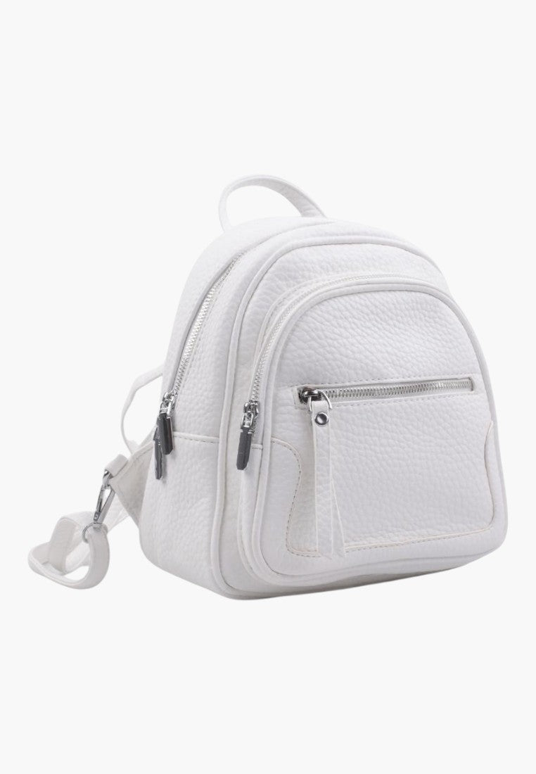 Falio small white faux leather urban backpack with multiple zippered pockets and a clean, minimalist design.